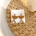 Bohemian geometric drop earrings with gold studs, wood accents and triangular straw weaving - New Rattan Woven 30 (Golden Ball, Wood Slice, Triangle)