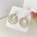 Bohemian cream woven rattan earrings with triple concentric circles design on card - Light Color Three-Tier Woven Style (A77)
