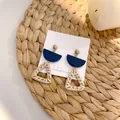 Handmade geometric triangular woven rattan drop earrings with gold studs and blue accents - New Woven Rattan 26 (Gold Beads Semicircle Triangle)