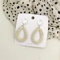 Bohemian white resin and teardrop-shaped woven rattan drop earrings on display card - Light Color Woven Water Drop Style (A77)