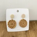 Bohemian rattan drop earrings featuring round wooden studs and natural woven tassels - Geometric Rattan Style (B02)