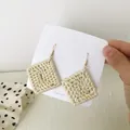 Bohemian square woven drop earrings in cream white with gold hooks on card - Solid Block Rattan Style (B39)