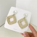 Bohemian square woven rattan drop earrings with white round studs and natural texture - Light Color Hollow Square Style (A77)