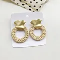Bohemian drop earrings featuring gold irregular metal studs and natural round woven rattan - Light Color Rattan Style (A105)