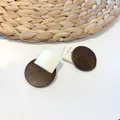 Minimalist geometric wood and resin drop earrings with round brown wood and white square - Square and Round Patchwork Style / Brown