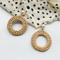 Bohemian large round rattan woven earrings with faux pearl stud and golden frame - Dark Color Rattan Style (B10)