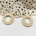 Bohemian rattan hoop earrings with pearl stud in natural beige and gold finish - Light Color Rattan Style (B10)
