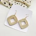 Square woven rattan earrings in natural beige with a bohemian drop dangle design - Light Color Hollow Square Style (B39)