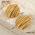 Macro detail of gold-plated ribbed stud earrings measuring 3.4cm with 17.0g weight - Croissant Ribbed Stud Earrings (NMSE-F441-1) / Gold