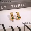 Detail view of 18K gold plated earrings with emerald zircon and 1.0cm diameter size marking - Three Stripe Spherical Inlaid Style (NMSE-J525-1)