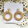 Rattan woven hoop earrings featuring a white pearl stud in a vintage geometric design - New Rattan Woven 1 (Artificial Pearl Top Woven Pendant)