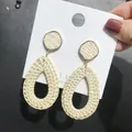Handcrafted rattan drop earrings with cream woven teardrop and gold accents - New Rattan Woven 68 (Beige Square Pendant)