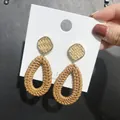 Bohemian teardrop rattan earrings with gold metal edges in natural woven wood finish - New Rattan Woven Natural Wood Square Teardrop Pendant