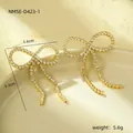 Detail view of gold bow earrings with white cubic zirconia and size measurements - 18K Gold / Bow Knot Tassel Style (NMSE-D423-1)
