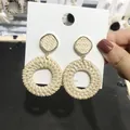 Bohemian cream white rattan drop earrings with geometric circular woven design - Geometric Rattan Woven Hoop 79 (Off-White)
