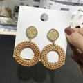 Bohemian geometric woven drop earrings with natural raffia and gold square studs - New Rattan & Straw Woven 78 (Gold Frame)