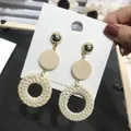 Bohemian earrings with gold sphere, wood bead, and off-white woven rattan hoop pendants - New Rattan Woven 80 (Three-Tier Multi-Layer Pendant)