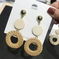 Bohemian geometric drop earrings with gold metal, wood disc, and woven rattan hoops - New Rattan Woven Spliced Three-Tier Round Pendant