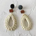 Handmade teardrop rattan earrings with black round studs and wood drop pendants - New Rattan Woven 51 (Black Round, Wood Square, Teardrop)