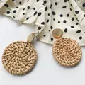 Bohemian round rattan drop earrings with golden studs for summer beach vacation style - Solid Round Rattan (Deep Color)