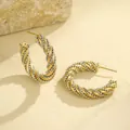 Macro detail of C-shaped mixed metal earrings with gold and silver twisted rope design - Vintage Twisted Bead String Style (NMSE-J146-1) / 18K Gold