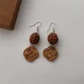 Ethnic handmade drop earrings with natural wood beads and brown woven rattan knots - Rattan Four-leaf Knot (B352)