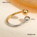 Close-up of two-tone titanium steel open ring with metal spheres and woven texture - One Size / Gold Silver Two-tone Woven Texture Double Ball Style (NMSR-G312-3)