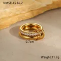 Detailed macro view of 18K gold plated ring with zircons weighing 11.7g and 0.7cm wide - Gold Tone Double Ring Style (NMSR-K234-2)