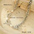 Collier chaîne en acier titane argenté avec perles et fermoir à bascule style baroque - Collier Perle Fermoir OT Gros Maillons Argentés (NMSN-B135-2)