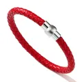 Minimalist red braided leather bracelet with a polished silver magnetic clasp closure - Red