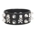 Black punk leather bracelet featuring silver skull studs and metal cone spikes - Skull Pyramid Stud Wide Bracelet (02)