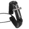 Men's wide black leather punk bracelet with cross charm engraved with Spanish Lord's Prayer - Spanish Lord's Prayer Cross Style (02)