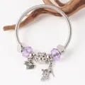 Detail of silver beaded spring bracelet with purple crystals and lovely heart charm - Silver Purple Heart Bear High Heel Style (23)