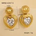 Close-up of gold heart earrings with zircon inlay including 2.5cm size and 12g weight details - 18K Gold / Gold Large Heart Zirconia Style (NMSE-E357-5)