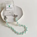 Cute floral beaded phone strap with green alien card and clear protective case - Blue Flower