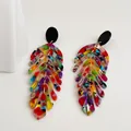 Colorful acrylic leaf drop earrings with retro acetate marbled texture and gold links - Colorful