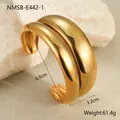 Polished 18K gold-plated chunky cuff bracelet with 6.9cm inner diameter and 3.2cm width - Gold Wide Double Ridge Style (NMSB-E442-1)