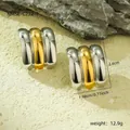 Detail of 18K gold and silver two-tone C-shaped geometric earrings with 2.6cm size - Triple Layer Color Splicing C-Shape Style (NMSE-C732-1)