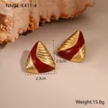 Close-up of vintage gold and dark red enamel earrings with 2.5cm x 2.3cm size detail - Red Triangle Style (NMSE-K411-4) / Burgundy