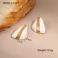 Detail view of retro triangle earrings with white enamel and dimensions 2.6cm x 2.1cm - White Vertical Line Style (NMSE-K412-1) / White