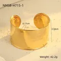 Detailed view of wide 18K gold plated cuff bracelet with hammered texture and dimensions - Gold Wide Irregular Hammered Style (NMSB-H715-1)