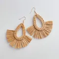 Close-up of bohemian woven fan-shaped raffia earrings with golden metal hooks - Dark Teardrop Woven Rattan Brown Raffia Style (B341)