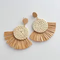 Bohemian handmade raffia and rattan fan-shaped earrings with a natural wooden stud base - Light Round Disk Woven Rattan Brown Raffia Style (B342)