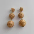 Handmade raffia triple ball drop earrings with natural straw weaving for summer beach style - Khaki