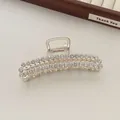 Detailed close-up of large silver alloy claw clip with double rows of sparkling rhinestones - Silver Double Layer Zirconia Style (R13)