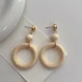Vintage wooden hoop earrings with natural wood beads and gold metal accents for women - Beige