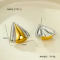 Macro shot of two-tone geometric stud earrings showing size dimensions and metal texture - Geometric Triangular Pyramid Style (NMSE-C757-2) / 18K Gold