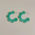 Detail of bohemian raffia woven C-shape hoop earrings with turquoise fan design - Green