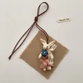 Cute handmade plush rabbit necklace with red plaid dress and brown leather chain - Plaid Cloth 3D Rabbit (T53)