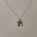 Detailed close-up of a spotted mushroom pendant on a silver-tone long sweater chain - Spotted Mushroom Style (S-138)